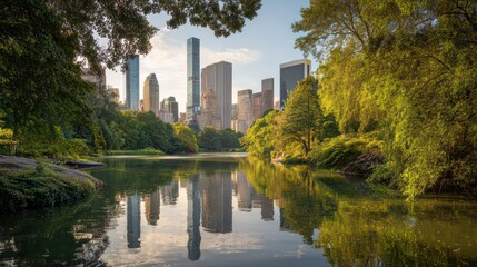 Obraz premium Panoramic view of New York City skyline with Central Park lake and historic architecture under warm daylight. Modern skyscrapers blend with natural green spaces in urban harmony.