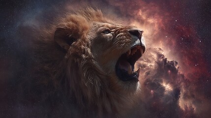 Naklejka premium Roaring Lion Against a Dramatic Cosmic Sky Backdrop