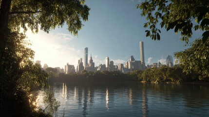 Naklejka premium Panoramic view of New York City skyline with Central Park lake and historic architecture under warm daylight. Modern skyscrapers blend with natural green spaces in urban harmony.
