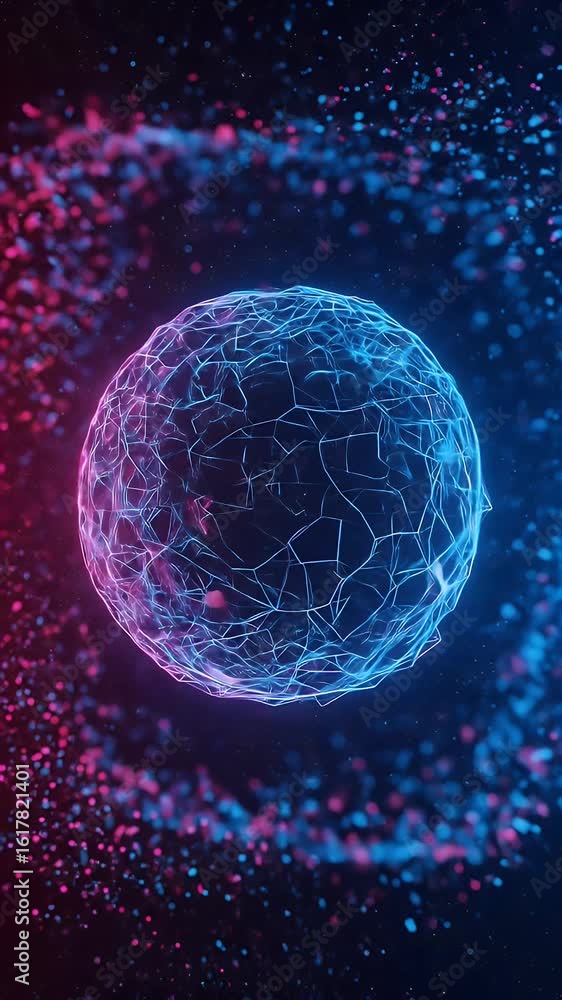 Poster abstract 3d render of a blue sphere with digital data and pink background