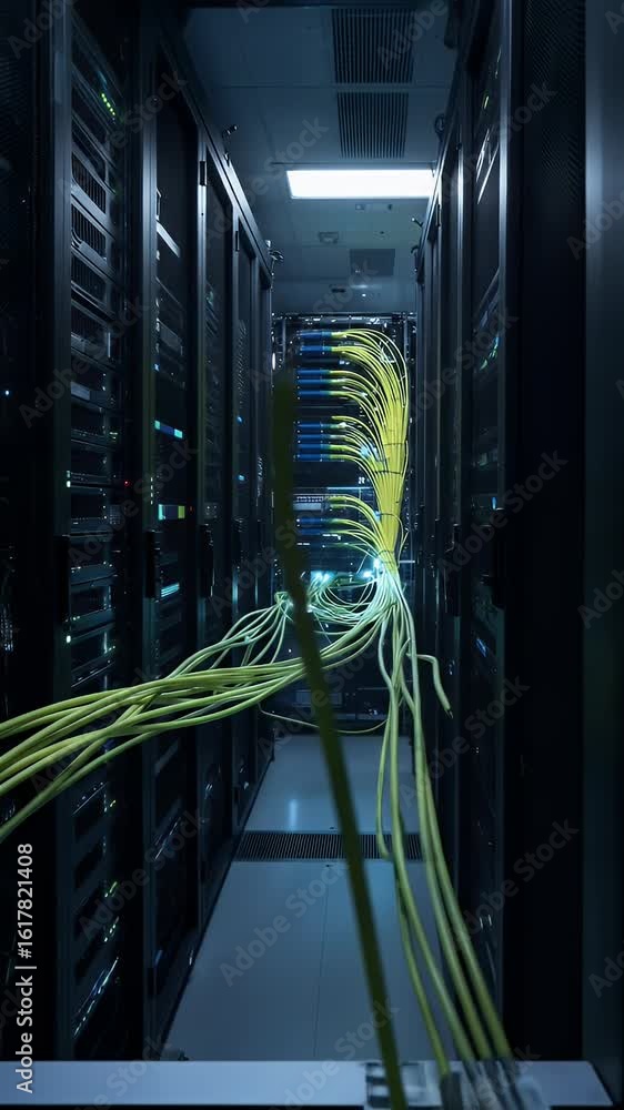 Poster abstract 3d render of a data center with network cables and green lights