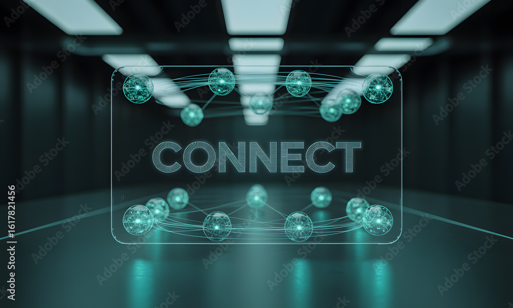 Poster futuristic network connection concept with glowing spheres and 'connect' text on transparent screen