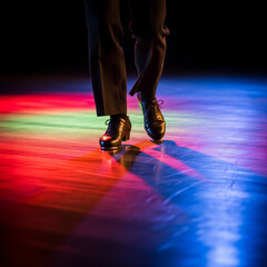 people dancing in the nightclub. dancing on stage. Tap dancer's feet clicking heels on polished stage with colorful spotlights.
