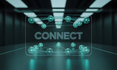 Futuristic Network Connection Concept with Glowing Spheres and 'CONNECT' Text on Transparent Screen