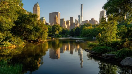 Fototapeta premium Panoramic view of New York City skyline with Central Park lake and historic architecture under warm daylight. Modern skyscrapers blend with natural green spaces in urban harmony.