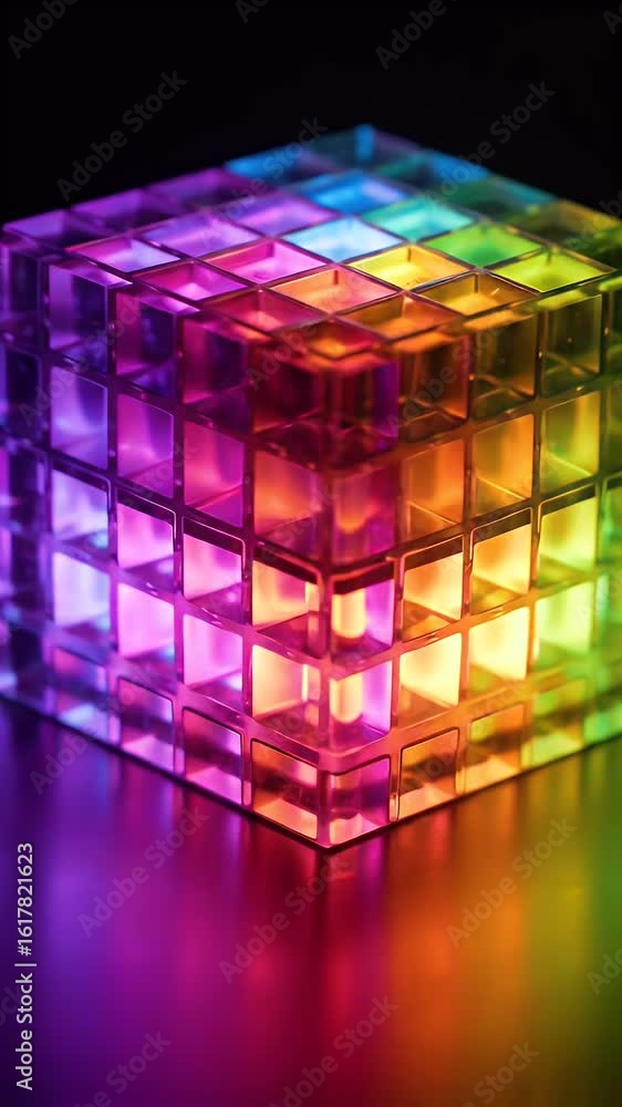 Poster abstract 3d render of a geometric cube with a gradient rainbow illumination