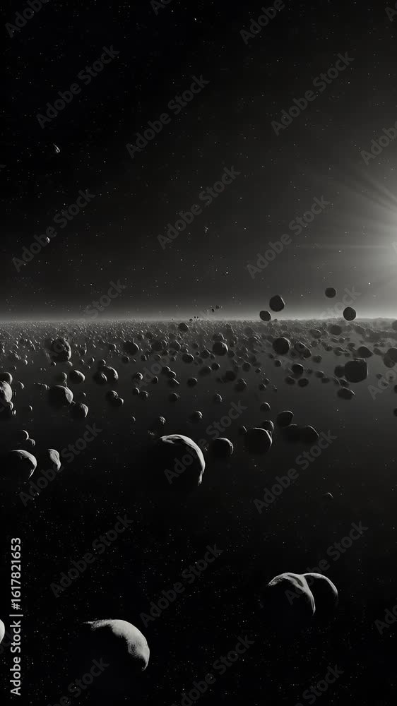Poster abstract 3d render of asteroid field in space with starry sky