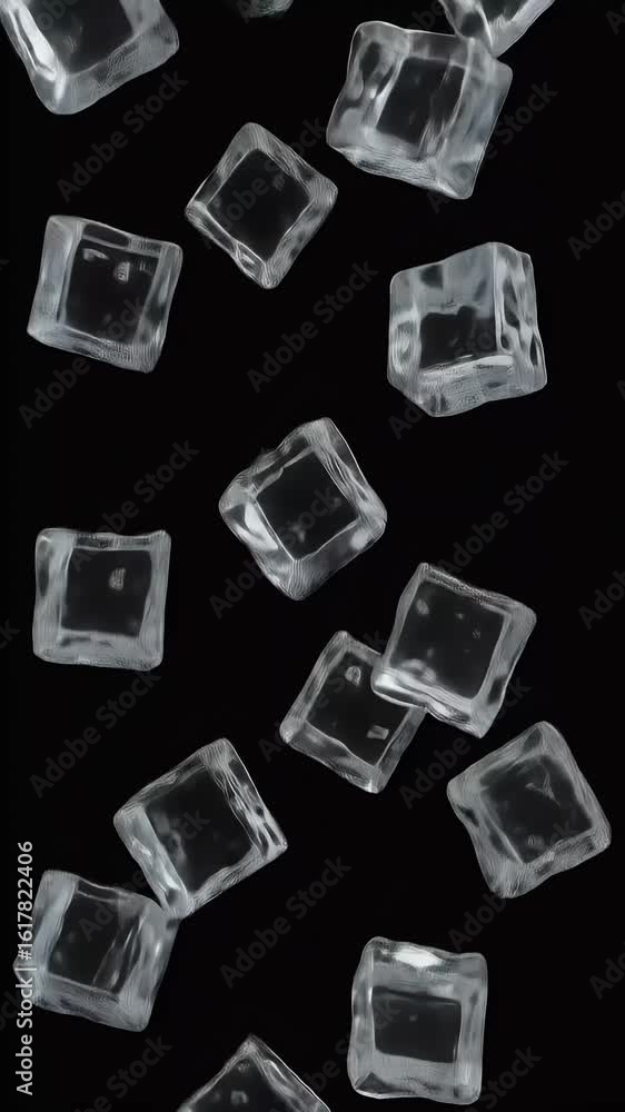 Poster abstract 3d render of falling ice cubes with transparency on black background