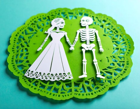 Paper cutouts of a bride and groom skeleton couple on a green lace doily