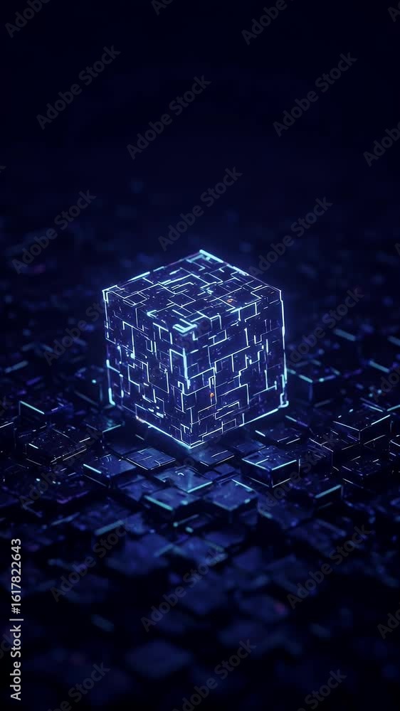 Poster abstract 3d render of illuminated blue digital cube on dark circuit board