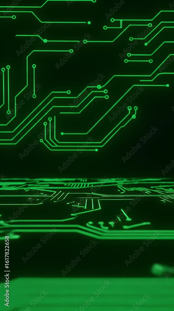Poster abstract 3d render of green circuit board with glowing lines on black