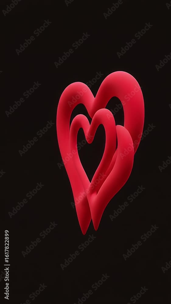 Poster abstract 3d render of two intertwined red hearts on black background