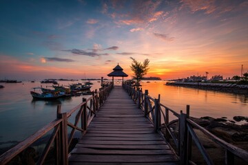 Obraz premium Wooden pier at sunset on a tranquil bay