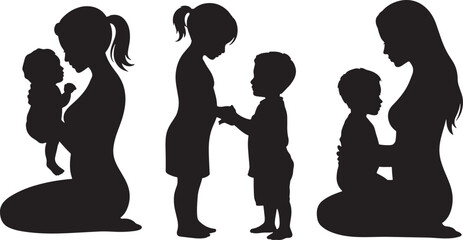 Silhouette of Mother Holding Baby, Children Holding Hands, and Pregnant Woman with Child