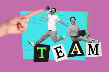 Trend collage of people scream loudspeaker use gadget standing in text teams on pink color...