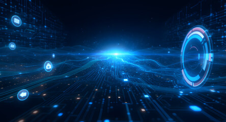 Abstract Digital Network Landscape with Glowing Data Flow and Futuristic UI Elements