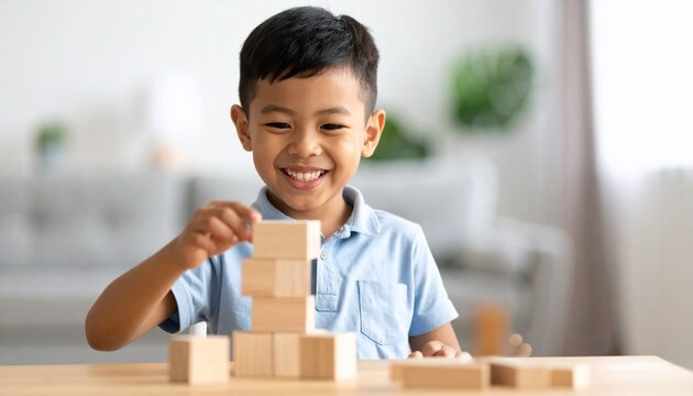 features an African American boy playing with colorful blocks.