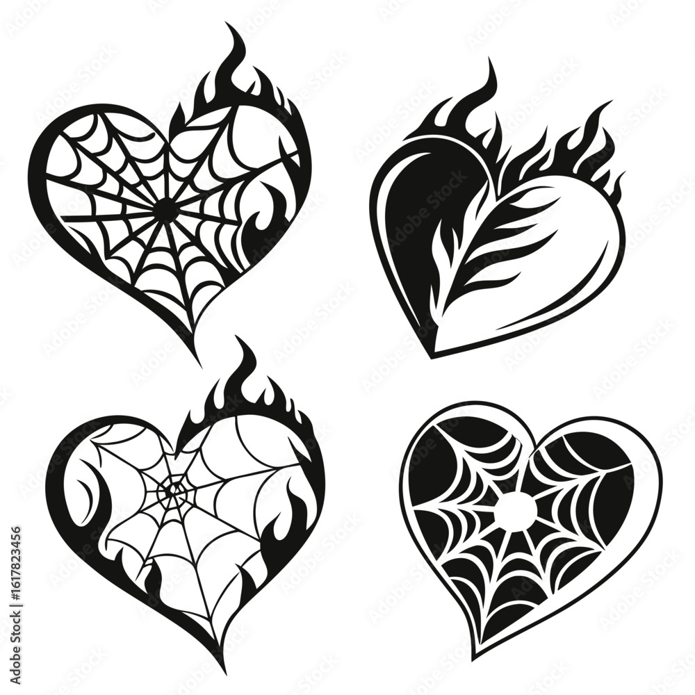 Poster vector art of four flaming heart shapes with spiderweb designs create a striking and edgy vector ill