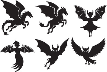 Mythical Creatures Silhouette Collection Dragon Pegasus Bat Winged Woman Owl Winged Creature