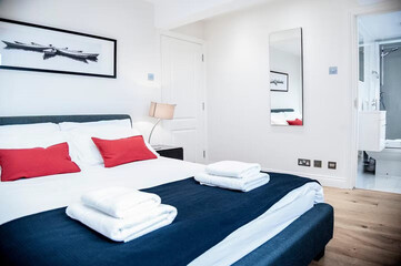 Modern luxury bedroom interior in minimal scandinavian style, 3d render