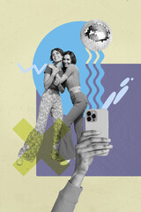 Vertical sketch 3d collage poster of happy girl dance relax party concert performance celebration...