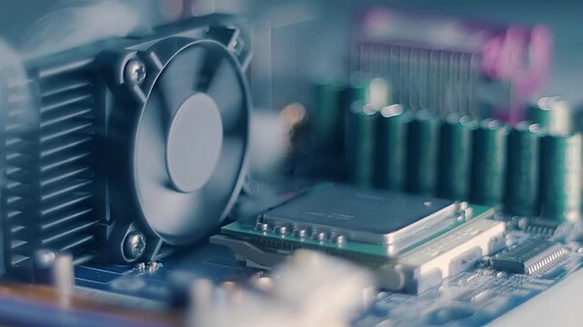 On the printed circuit board with radio components and the central processor smoke appears and is sucked in by the fan. The motherboard broke because of overheating. Closeup. Macro. Slow mo, slow moti
