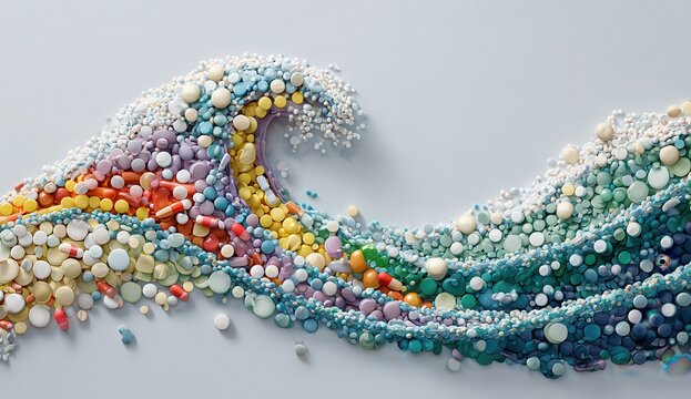 Colorful pills form a wave on light grey background