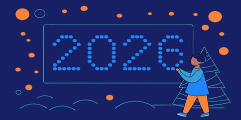 Vector art of a person standing next to a sign showing the year 2026, with a christmas tree and decorative elements