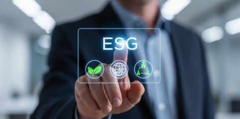 Sustainable technology and ESG data interface concept with futuristic digital graphics and environmental analytics on screen in business setting. 