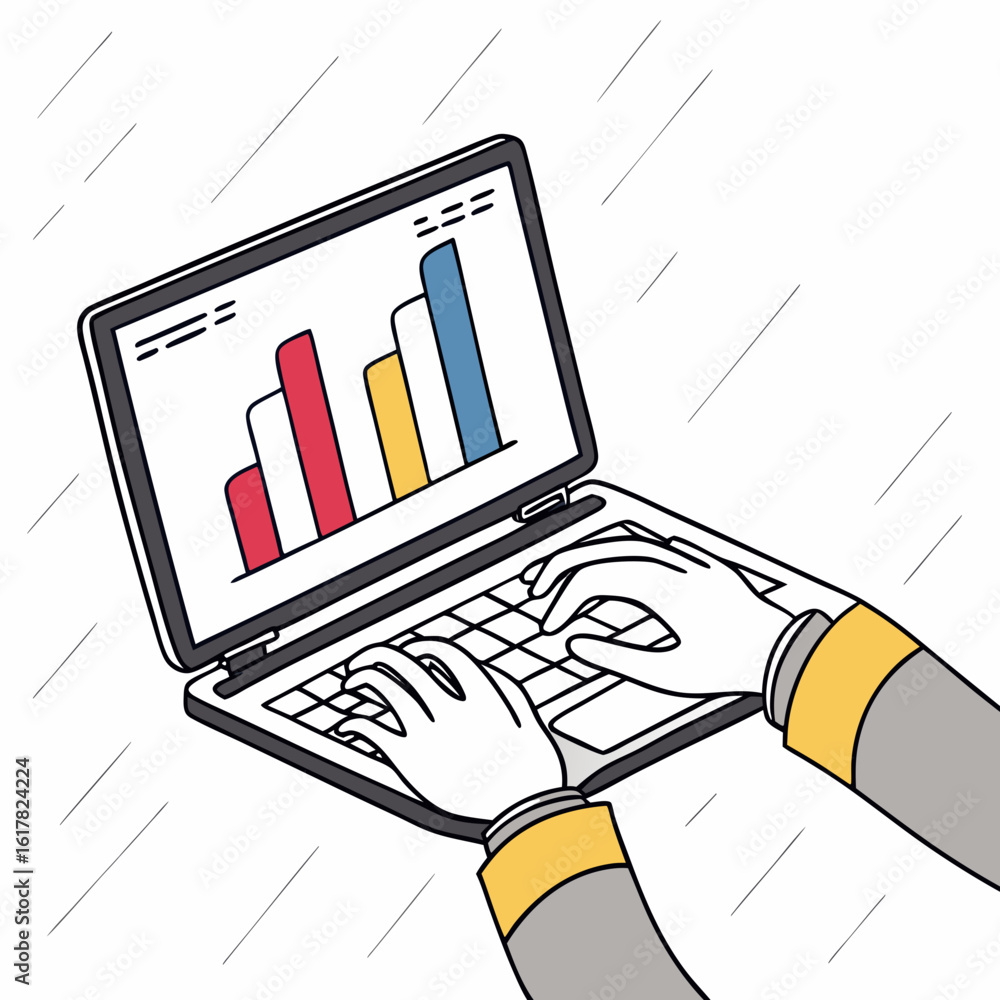 Poster vector art of hands typing on a laptop displaying a bar graph, representing business data and financ
