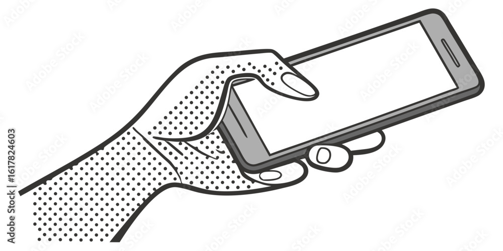 Poster vector art of a hand holds a modern smartphone device with a blank screen ready for application