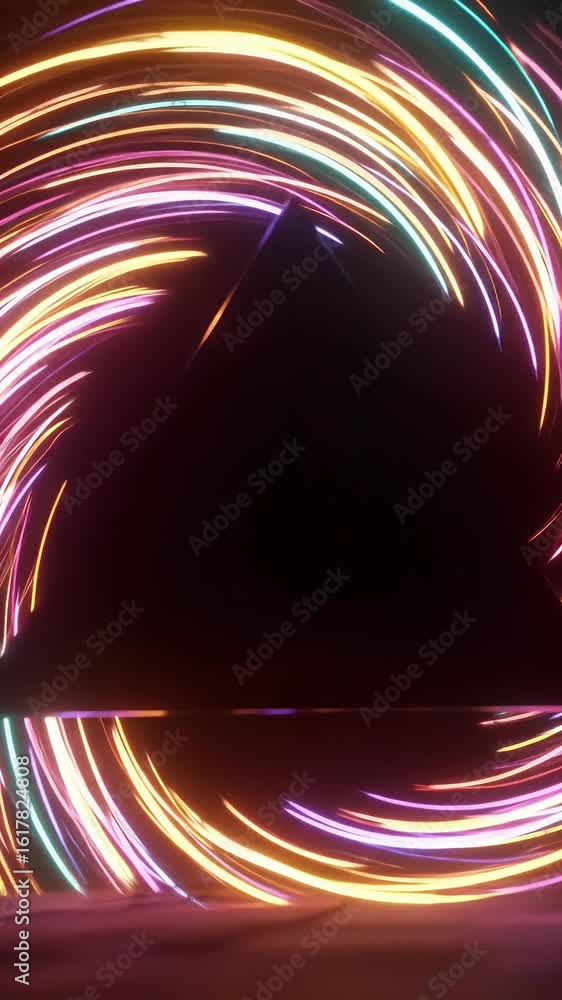Poster abstract animated neon light trails forming a triangle shape in dark space