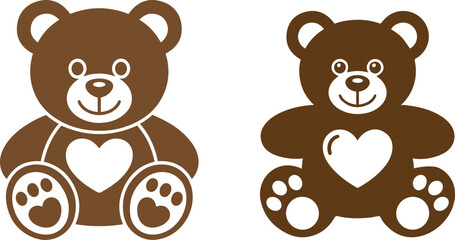 Adorable brown teddy bear icons with heart shapes, perfect for children’s products, baby items, and playful graphic designs.