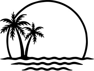 Black and white silhouette of tropical palm trees on a beach with birds flying and the moon in the sky