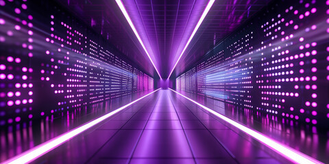 Digital electronic technology glowing purple background. Blockchain technology wallpaper. Computer network shiny poster. Bright lights. Raster bitmap digital illustration. AI artwork.