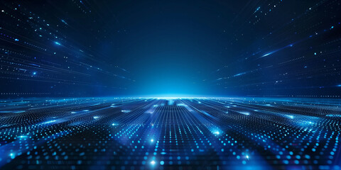 Digital electronic technology glowing blue background. Blockchain technology wallpaper. Computer network shiny poster. Bright lights. Raster bitmap digital illustration. AI artwork.