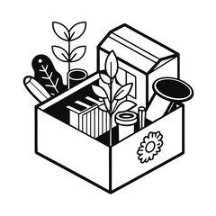 Gardening starter kit box with essential tools and plants