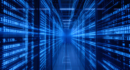 Abstract Blue Binary Code Tunnel: Digital Data Flow and Network Connectivity