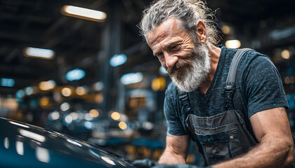 Skilled professional working on automobile repair in a workshop garage environment