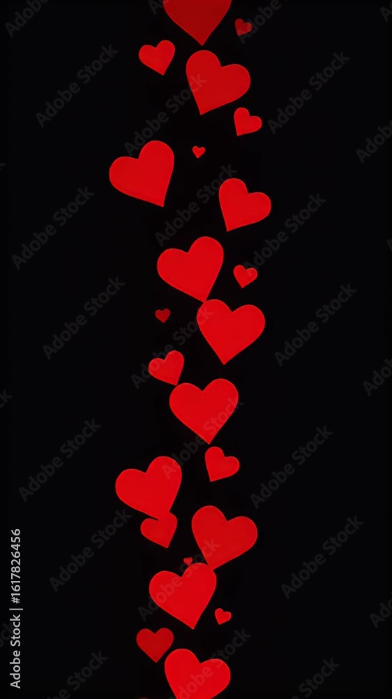 Poster abstract background of red pixel hearts floating vertically on black