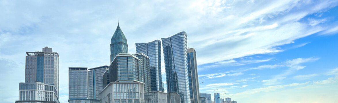 Panoramic View of a Modern City Financial District with Skyscrapers
