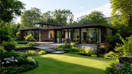 Modern house with large windows surrounded by lush greenery and a green lawn