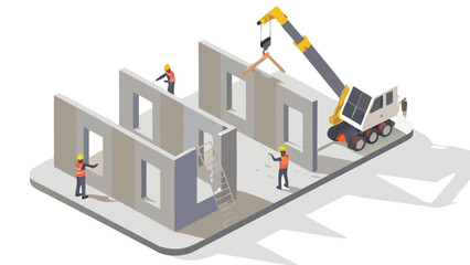 Fototapeta premium Isometric construction site with crane lifting beam and workers assembling precast concrete walls
