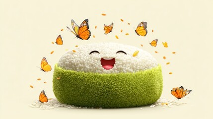 Smiling rice bowl with butterflies