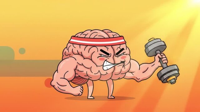 Cartoon brain character lifting a dumbbell, wearing a headband, flexing muscles, and showing determination.