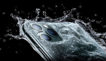 Smartphone submerged in water, splashes