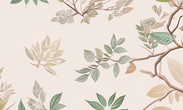 Elegant seamless pattern with intertwining tree branches and hand-drawn leaves slowly shifting in organic motion, botanical illustration style, soft pastel color palette