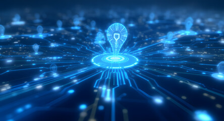 Futuristic Digital Security Network with Shielded Lightbulb Icon