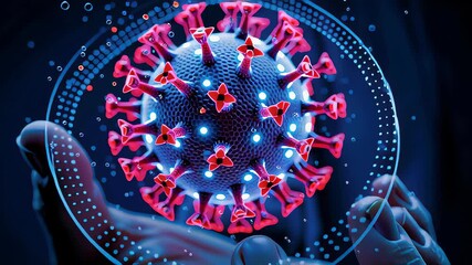 Woman's hand holding a glowing virus particle, covid-19 medical concept with digital dots and lines, science research footage. - Powered by Adobe
