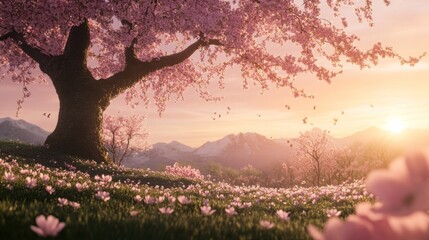Pink cherry blossoms bloom in a lush meadow at sunrise over a mountain range. Soft light illuminates the scene.
